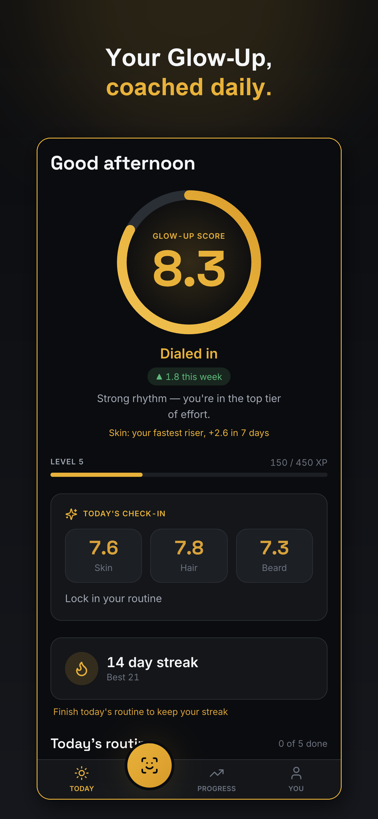 Bemaxx Today screen showing the daily Glow-Up score